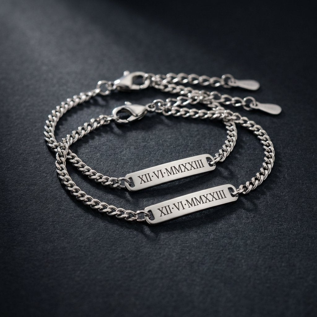Personalized Roman Numeral Couples Bracelet Set