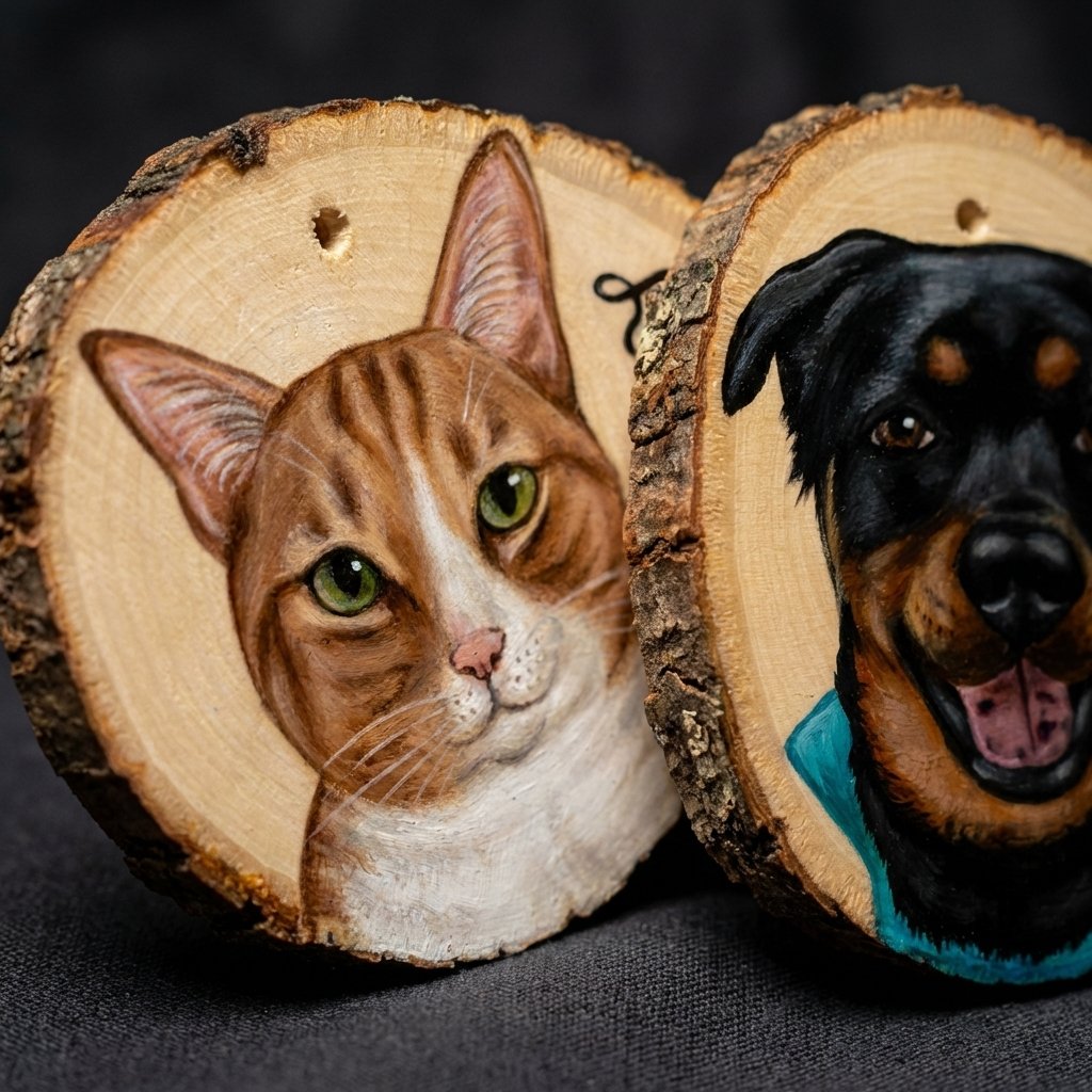 Hand-Painted Custom Pet Portrait Wood Slice Ornament