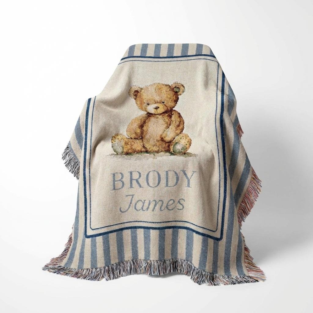 Personalized Teddy Bear Woven Baby Blanket | 100% Cotton
