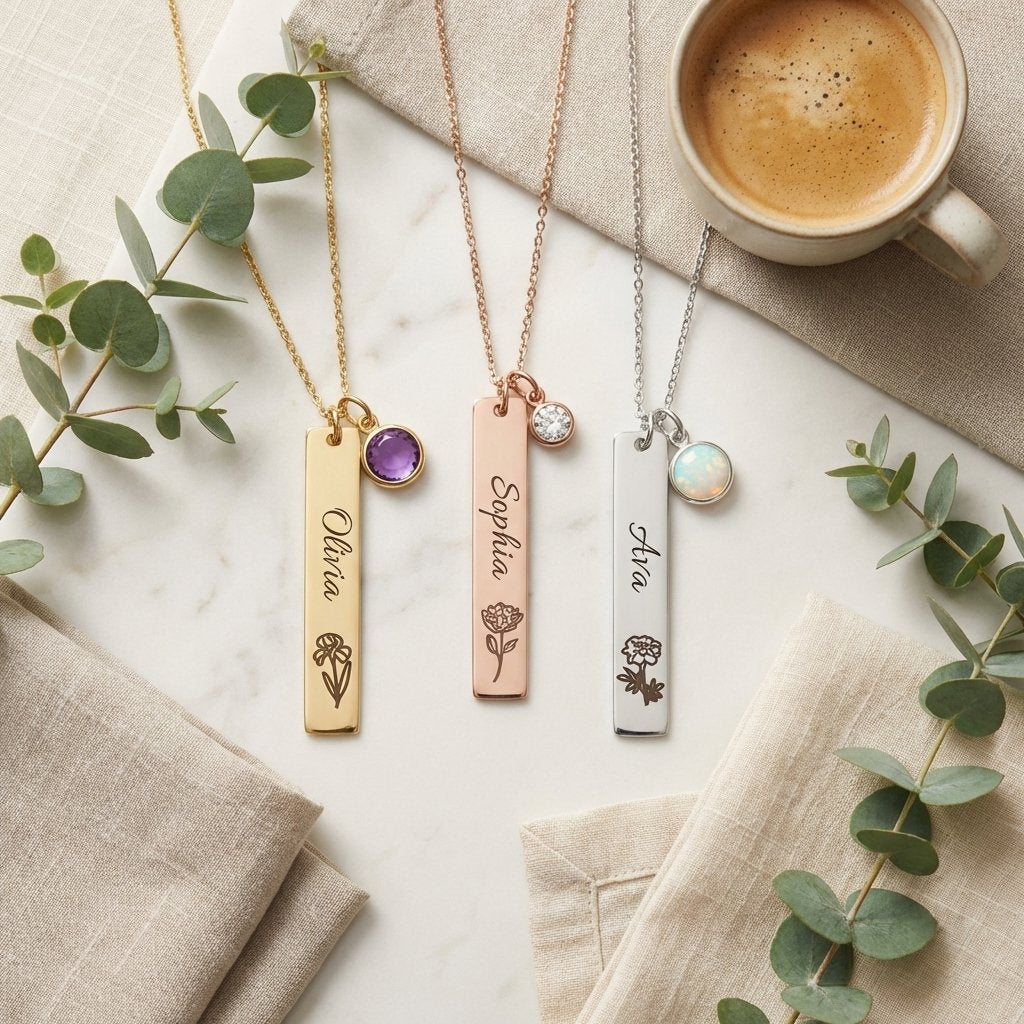Personalized Birthstone & Birth Flower Name Necklace