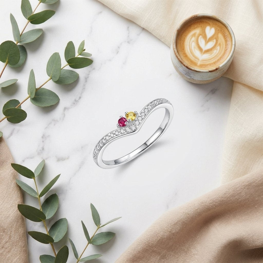 Personalized Birthstone Chevron Ring - Sterling Silver