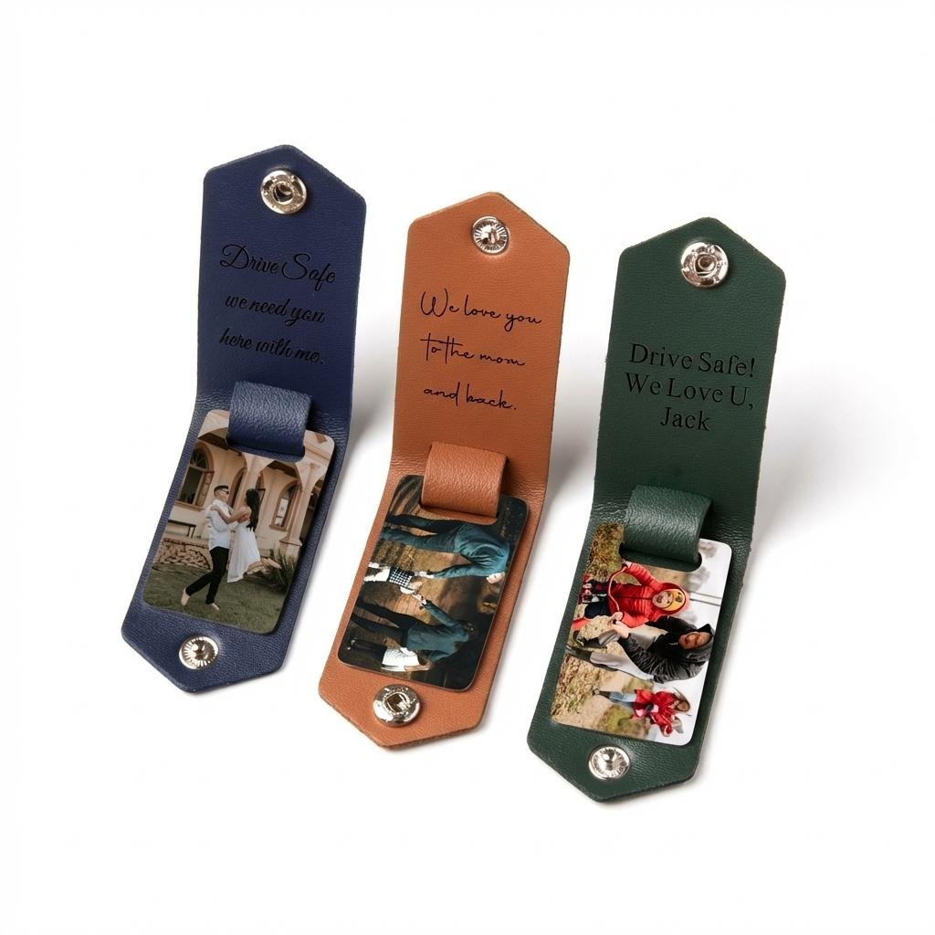 Personalized Leather Photo Keychain Anniversary Gift for Him