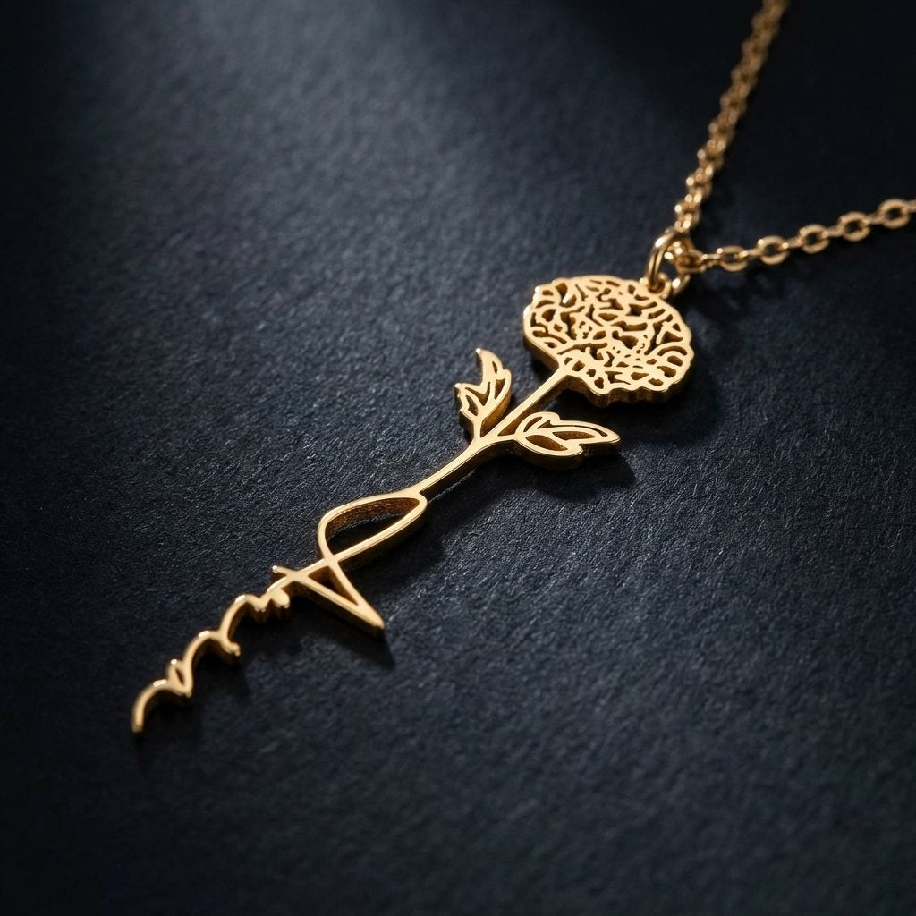 Custom Birth Flower Name Necklace - Personalized Gold Jewelry