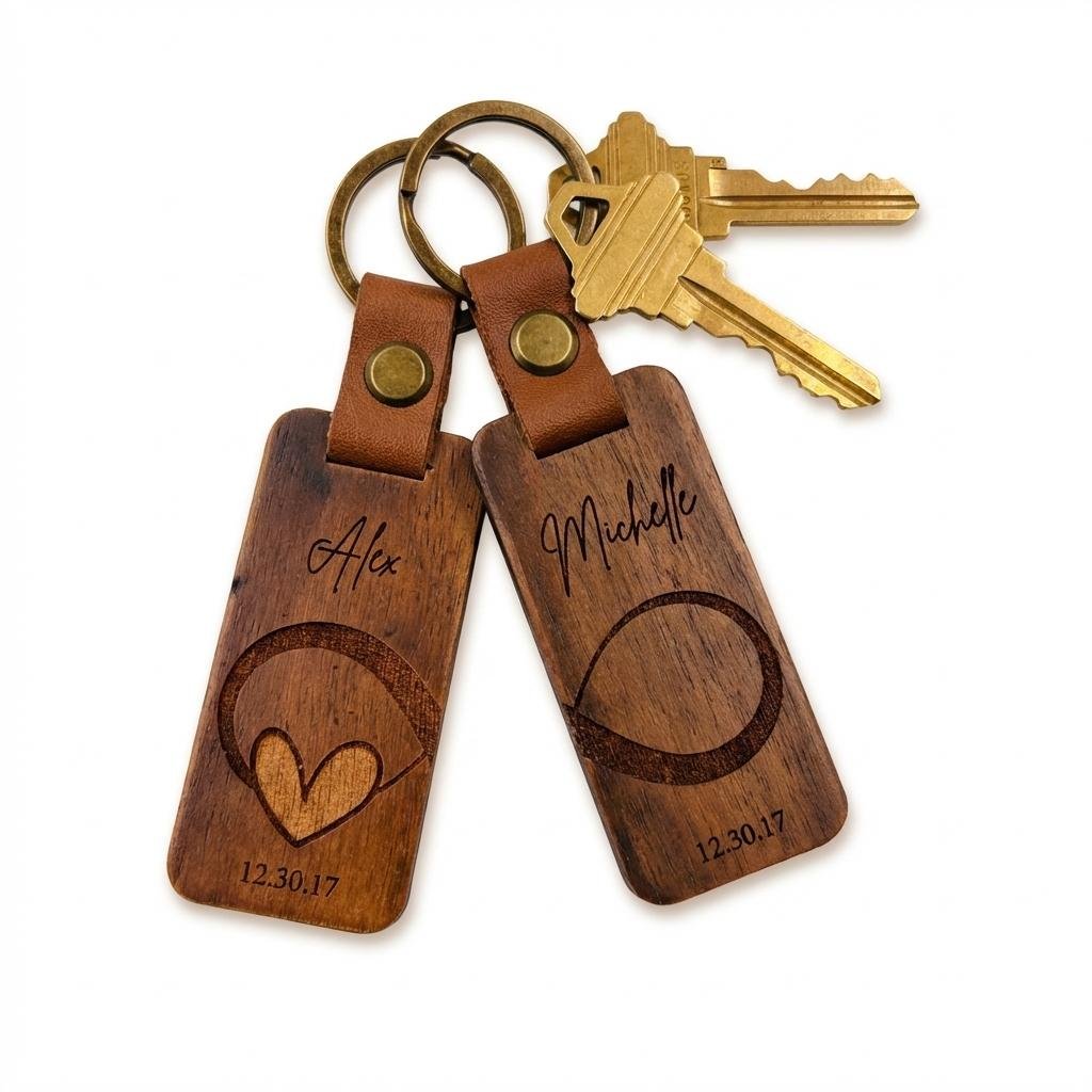 Personalized Wood & Leather Couple Keychain Set