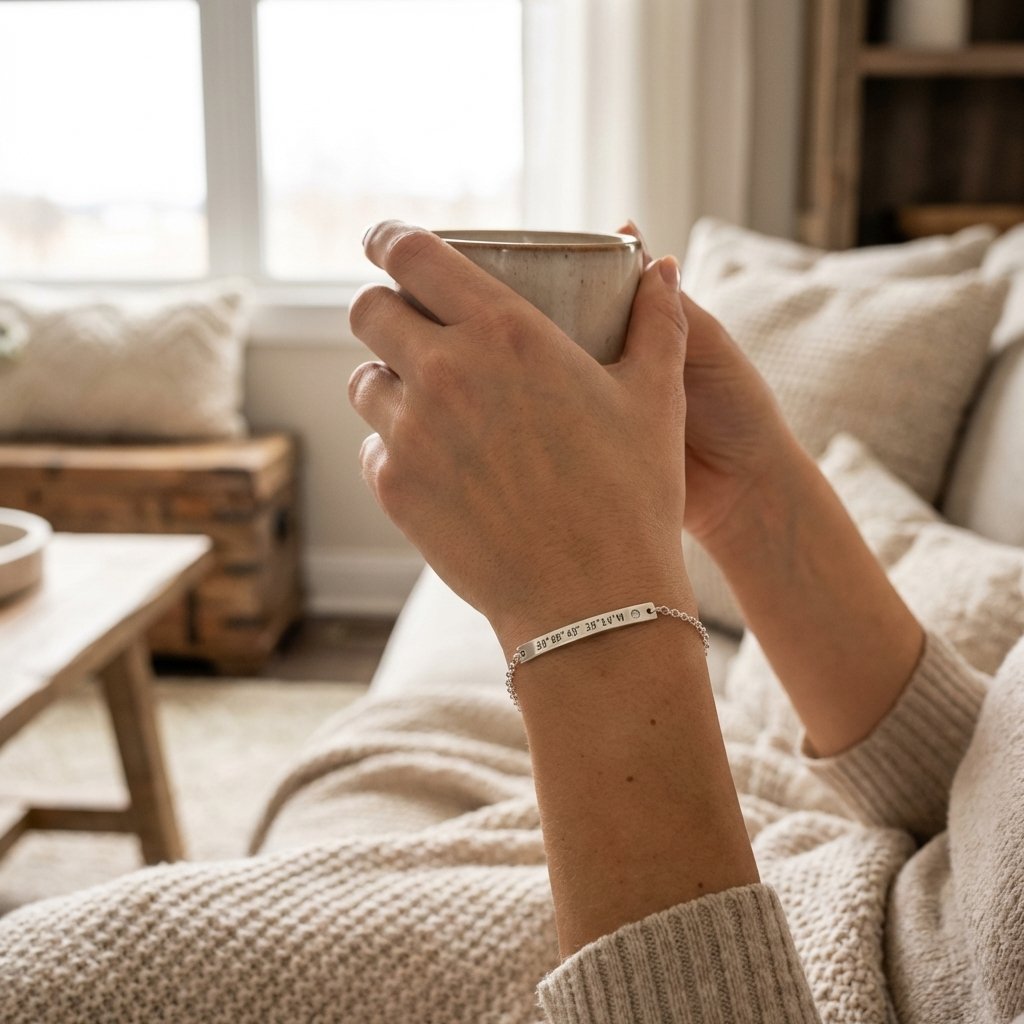 Personalized Coordinate Bracelet | Engraved Silver Bar