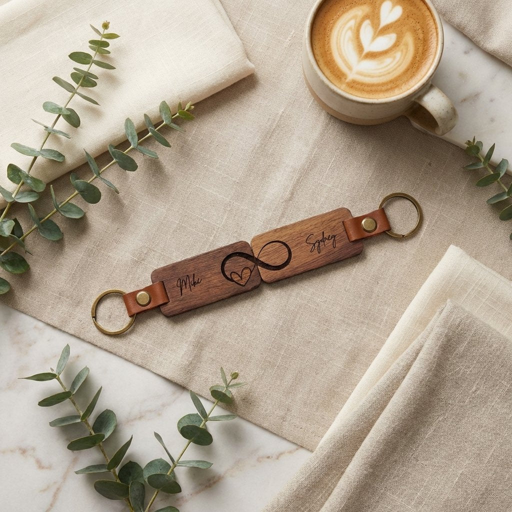 Personalized Wood & Leather Couple Keychain Set
