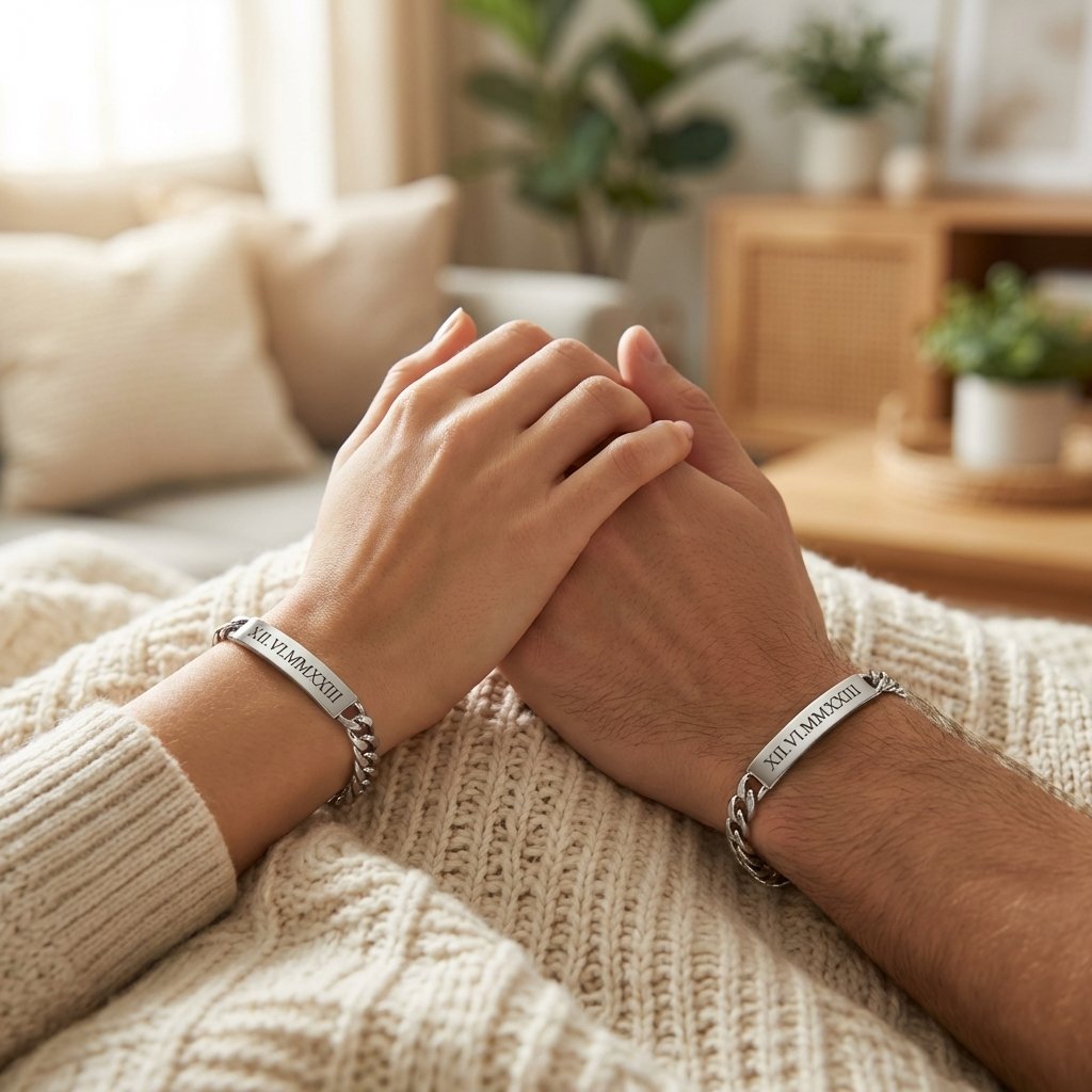 Personalized Roman Numeral Couples Bracelet Set