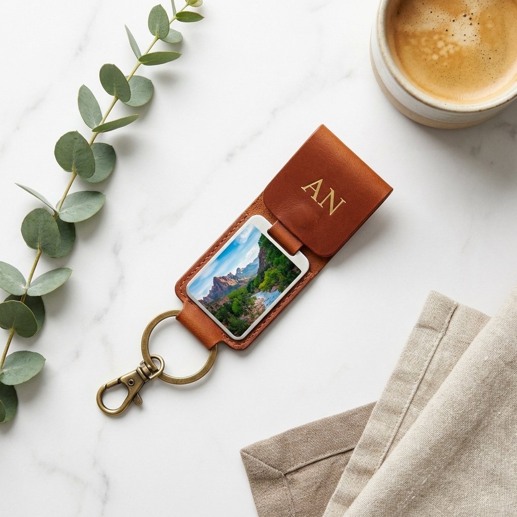 Artisan Leather Photo Keychain | Personalized Anniversary Gift