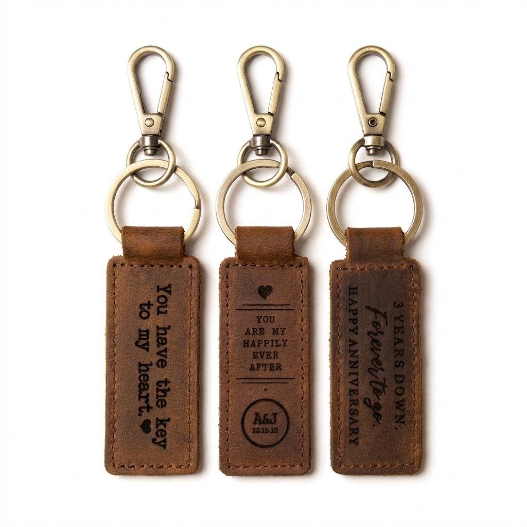 Personalized Leather Anniversary Keychain for Him & Her