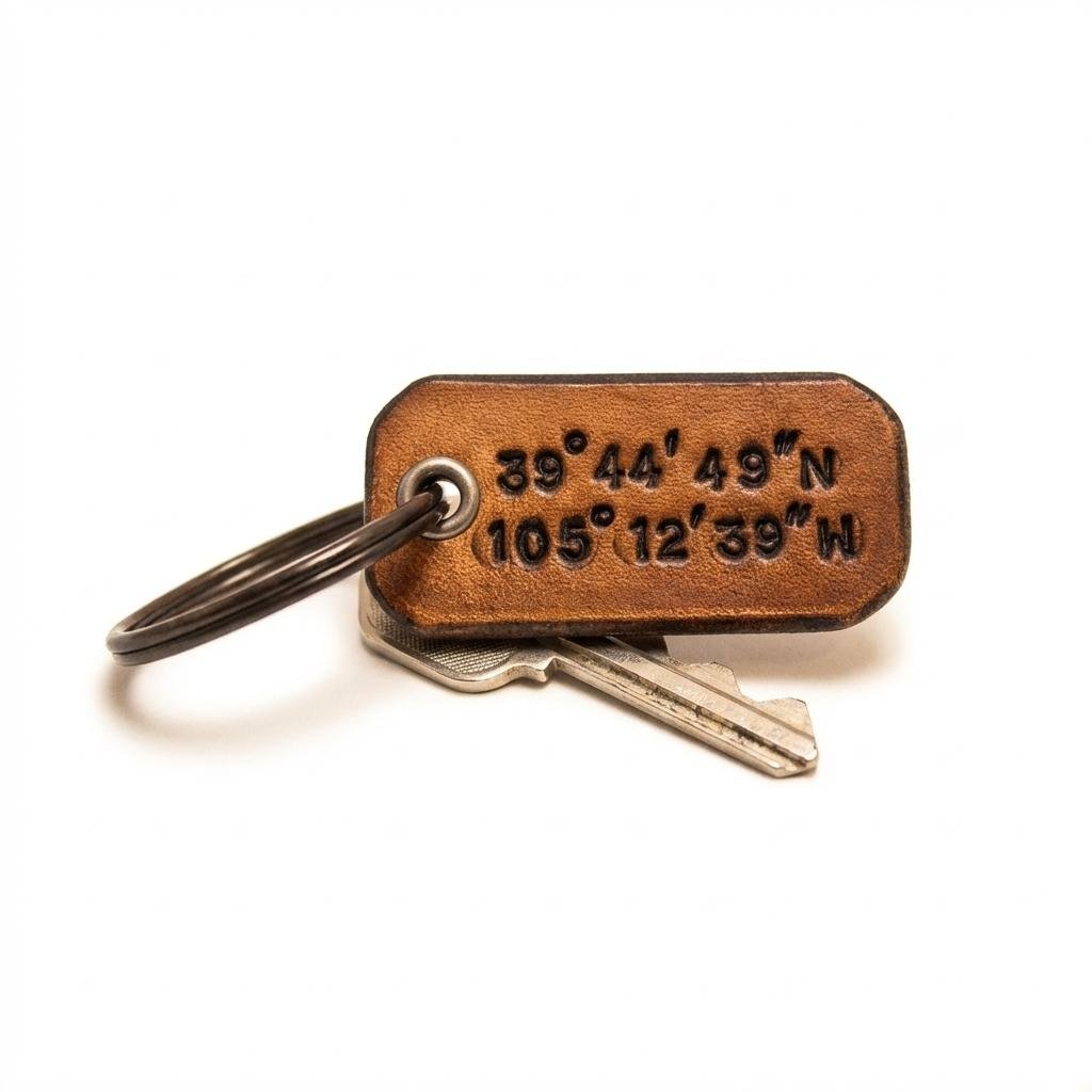 Personalized Leather Coordinate Keychain - Custom GPS Gift