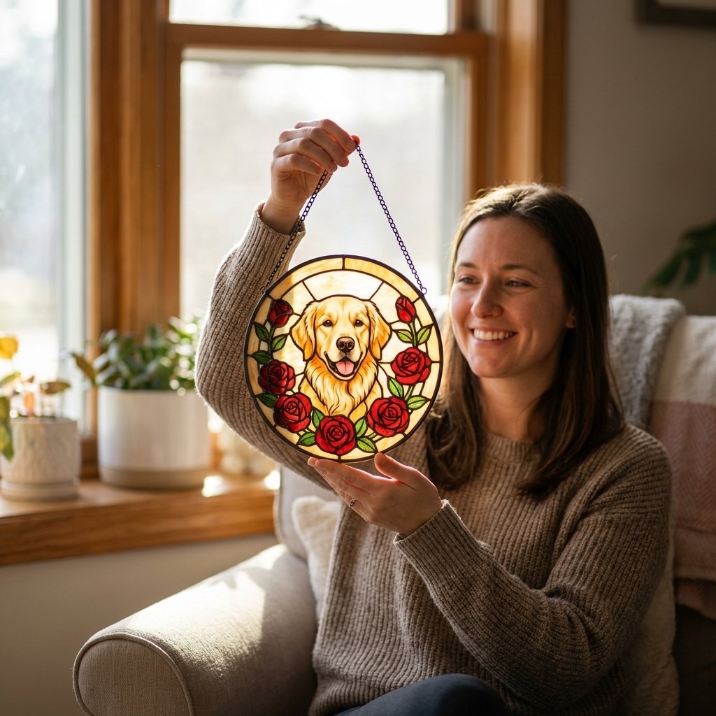Custom Pet Portrait Stained Glass Suncatcher Birth Flower