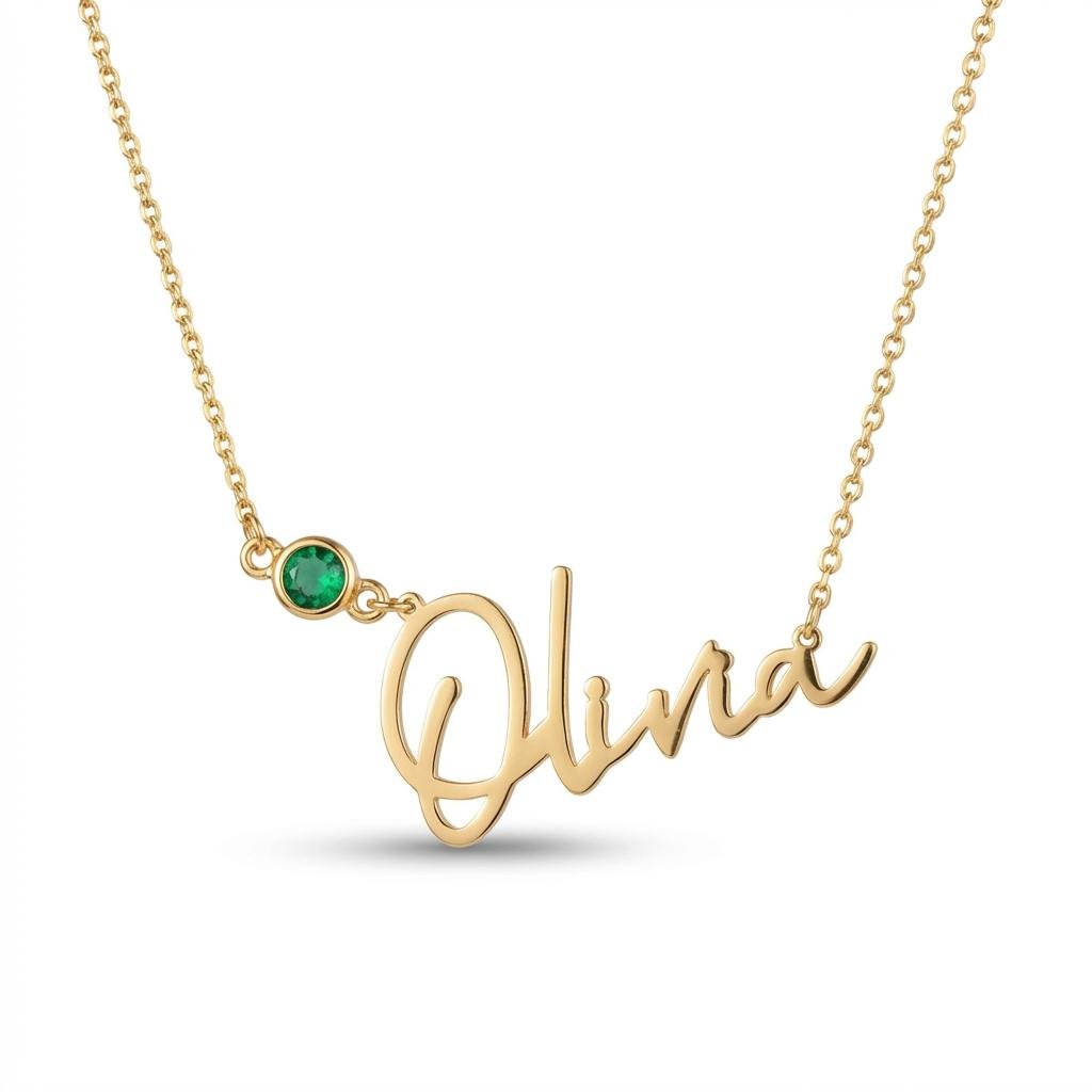 Personalized 14k Gold Birthstone Name Necklace - Custom Gift