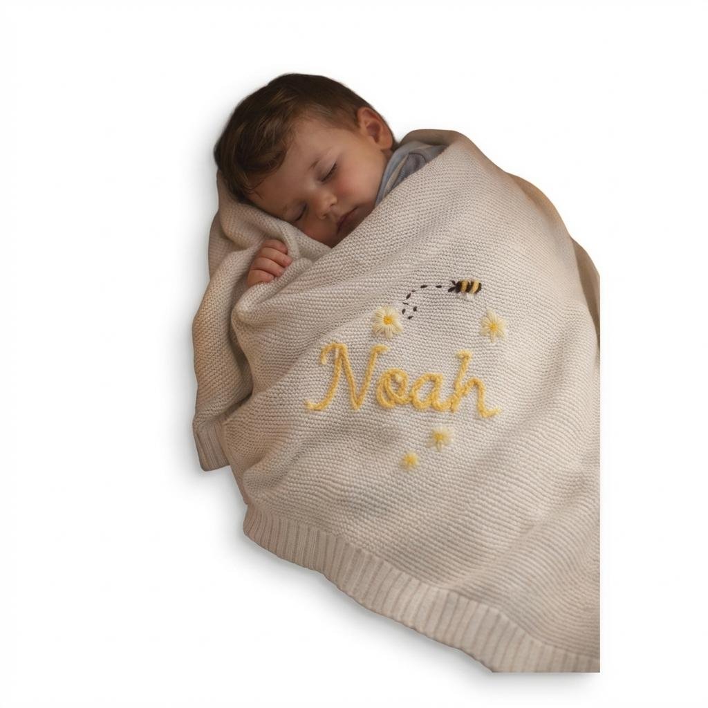 Personalized Hand-Embroidered Organic Cotton Baby Blanket