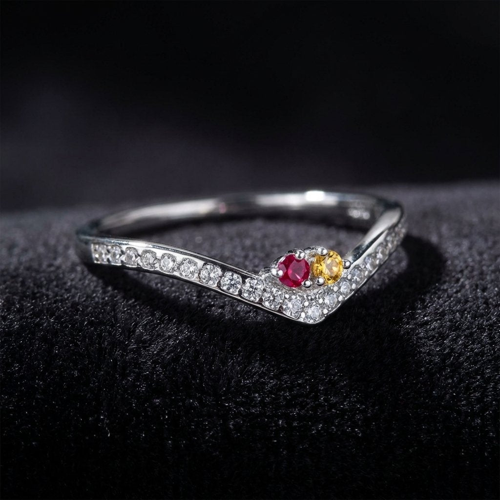 Personalized Birthstone Chevron Ring - Sterling Silver