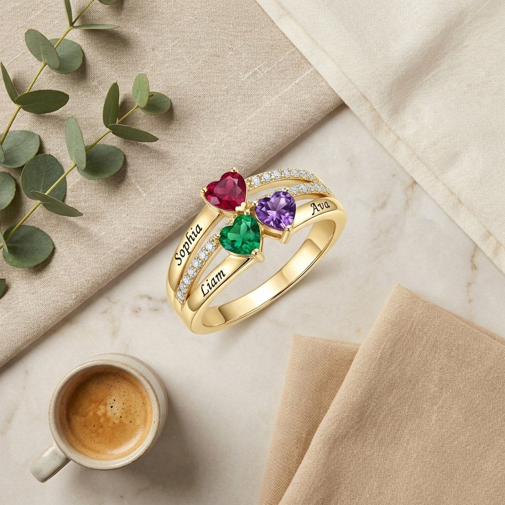 Personalized Heart Birthstone Name Ring for Mothers