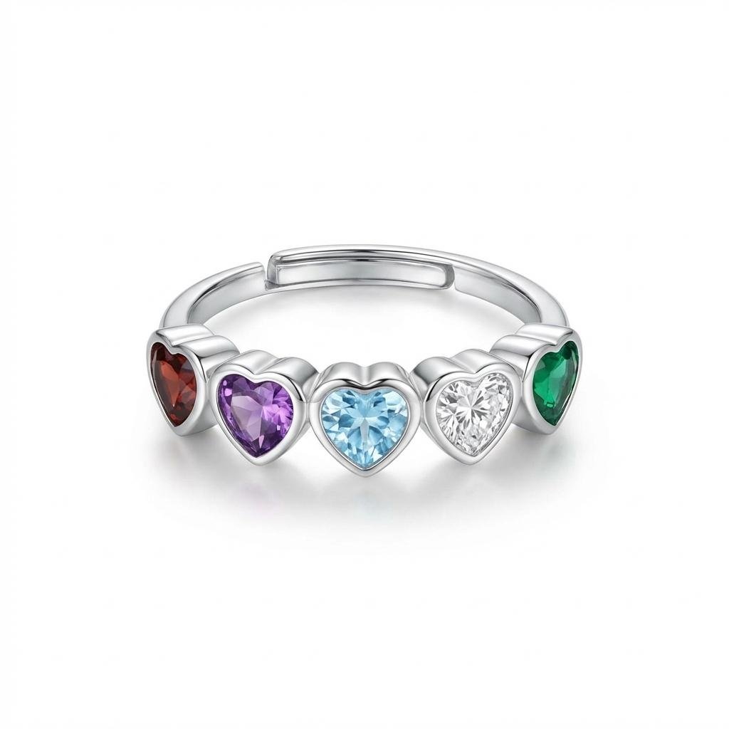 Personalized Multi-Birthstone Heart Ring - Adjustable Silver