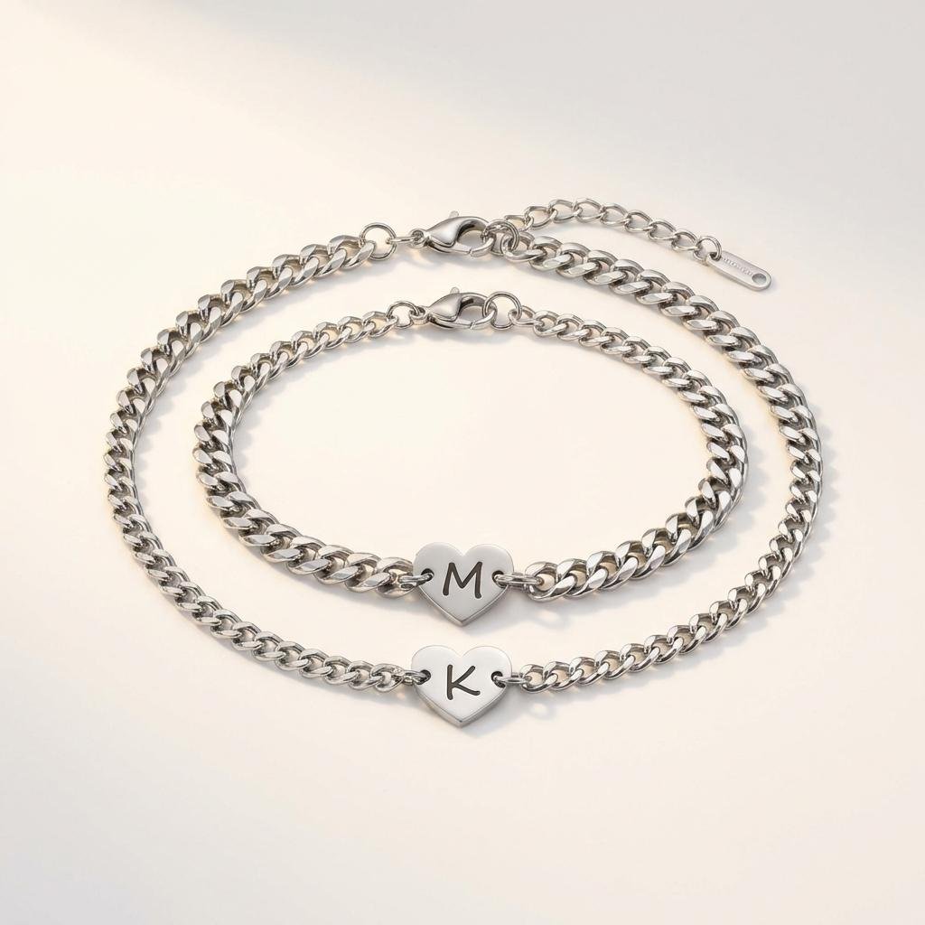 Personalized Initial Heart Matching Couple Bracelets Set