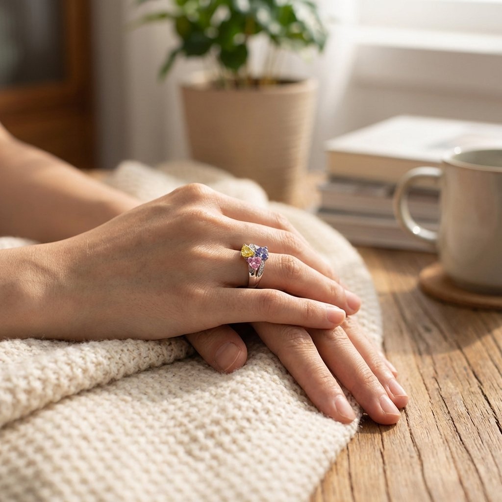 Personalized Mother Daughter Triple Heart Birthstone Ring