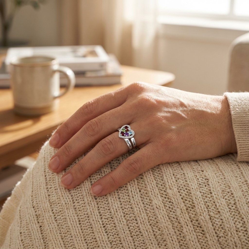 Personalized Mother's Birthstone Ring - Sterling Silver Heart