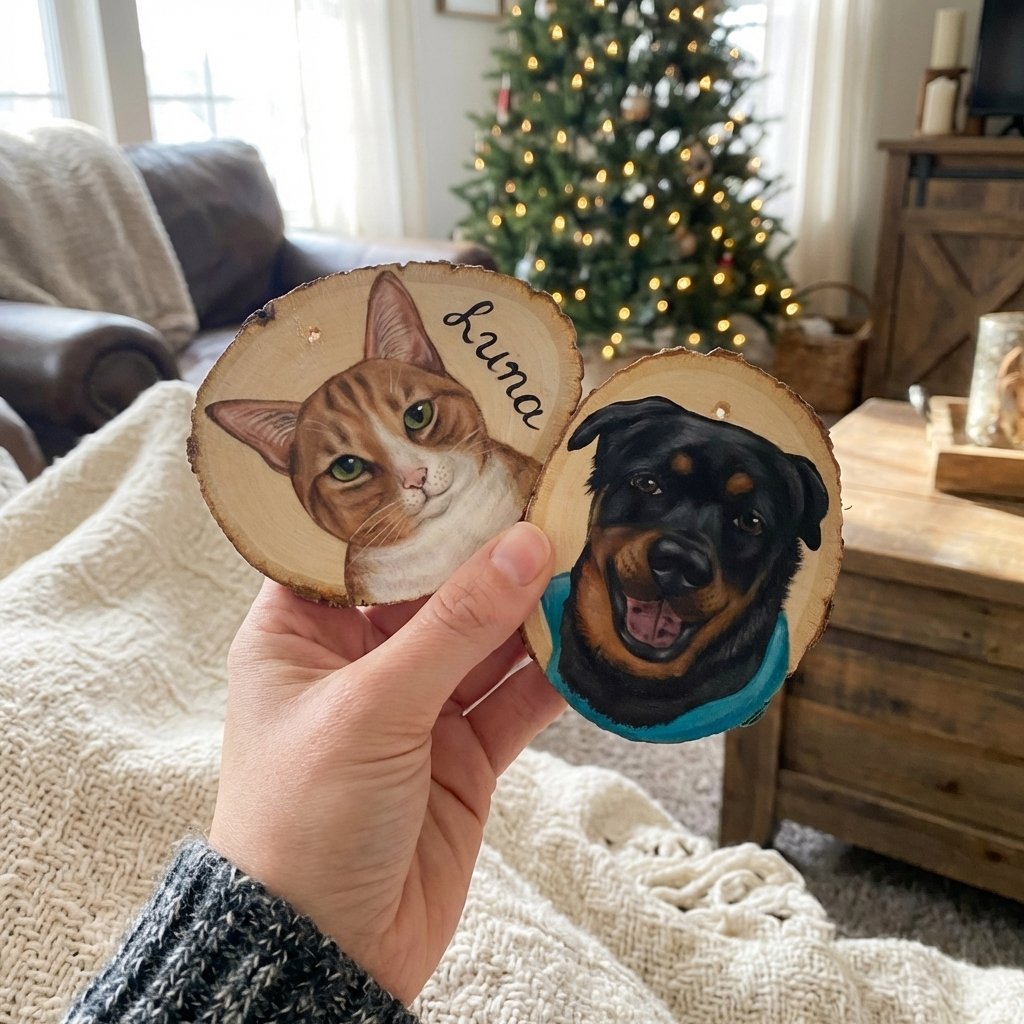 Hand-Painted Custom Pet Portrait Wood Slice Ornament