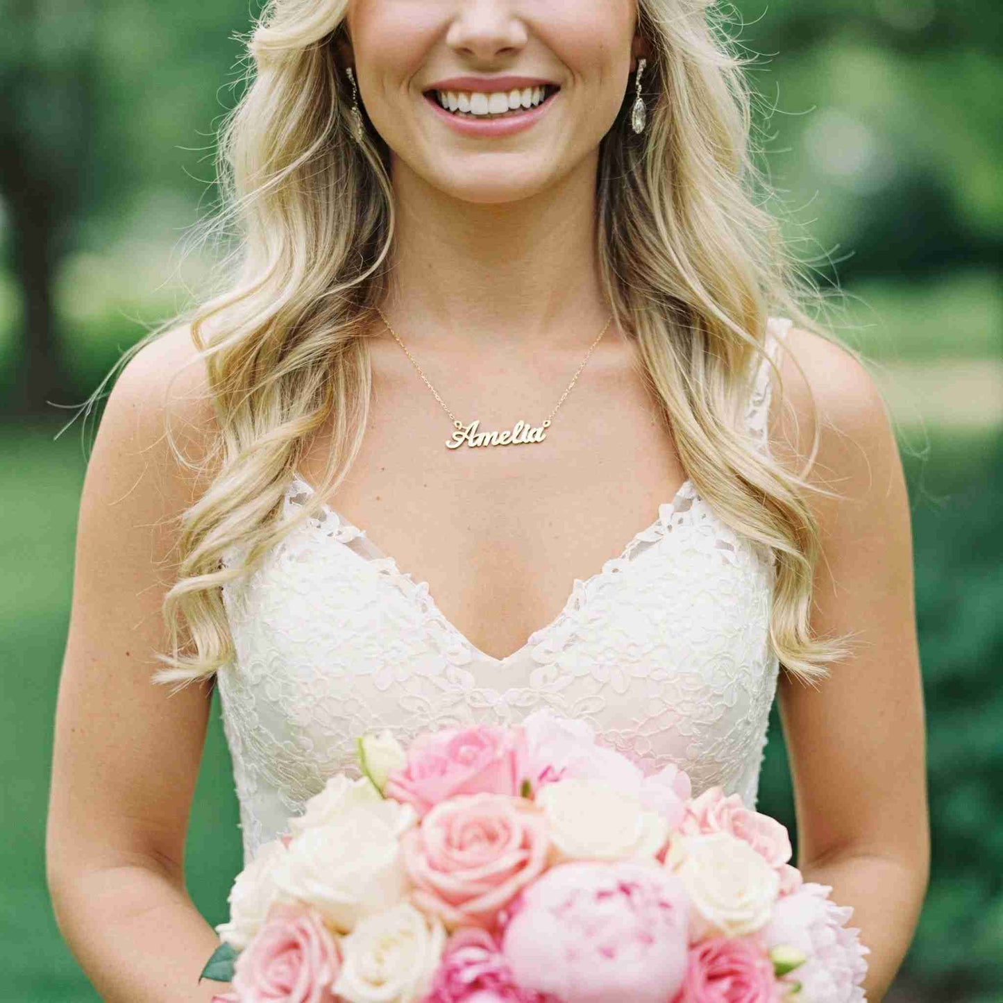 Bride Wearing Personalized Name Necklace Amelia