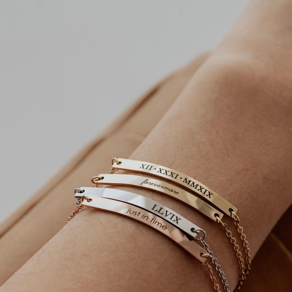 Custom Engraved Bar Bracelet Set Gold Silver Rose Gold