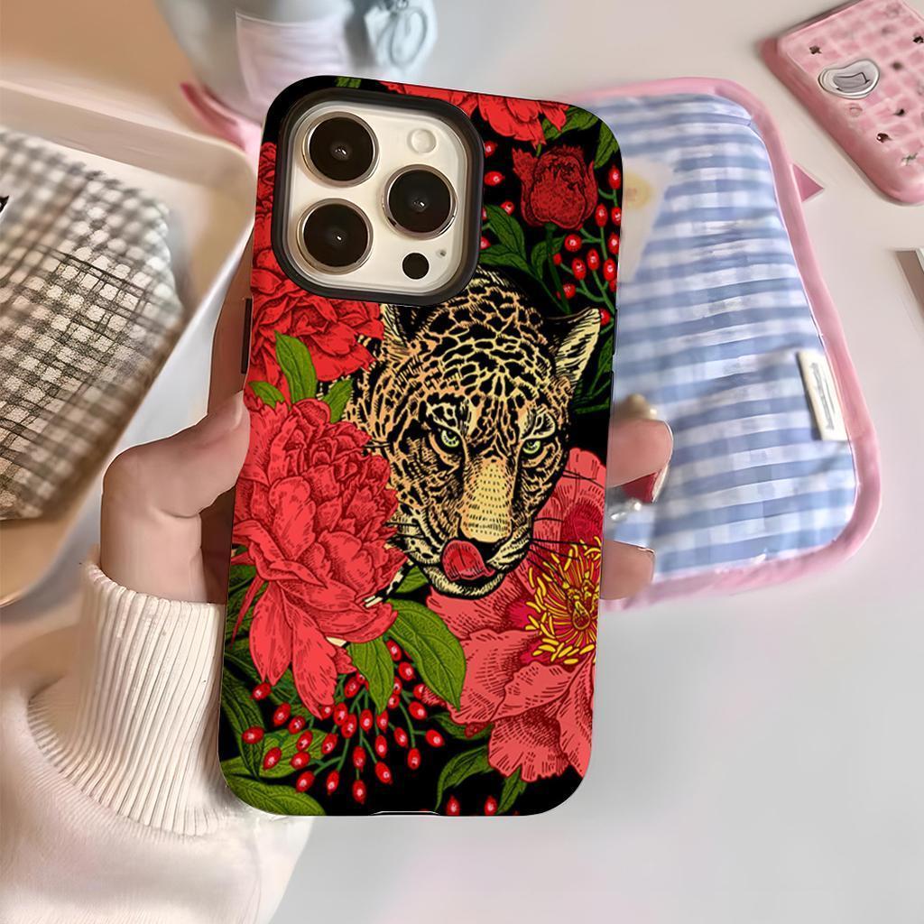 Leopard Phone Case Red Floral Design