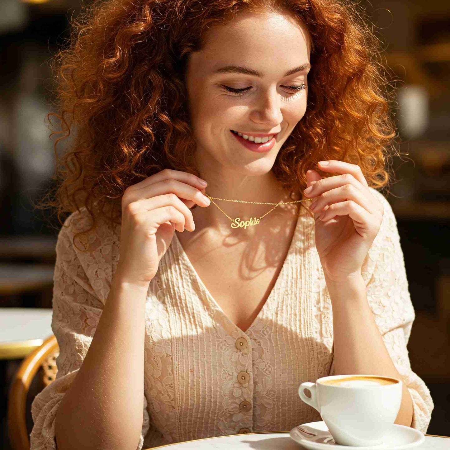Woman Holding Personalized Name Necklace Sophia