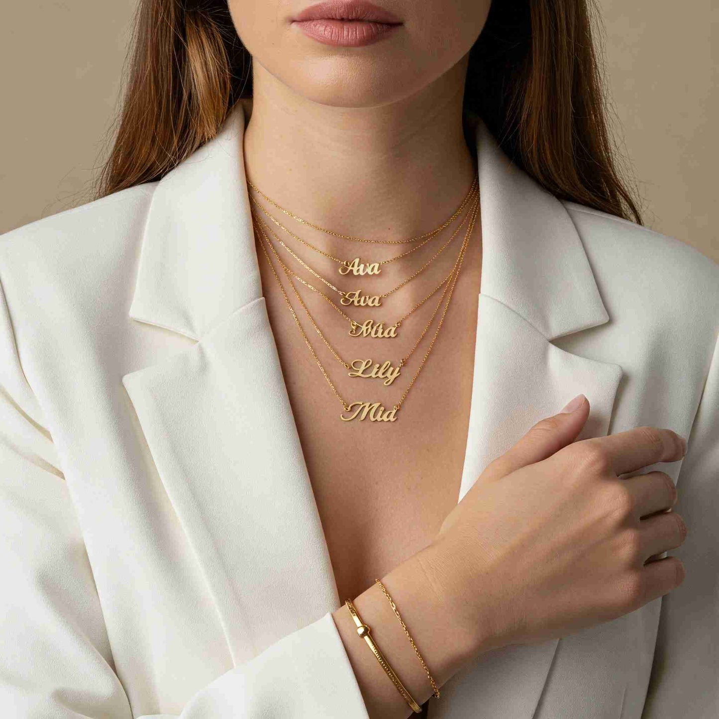 Woman Wearing Multiple Personalized Name Necklaces