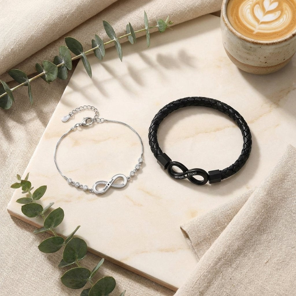 Custom Infinity Couple Bracelet Set - Engraved Love Gift
