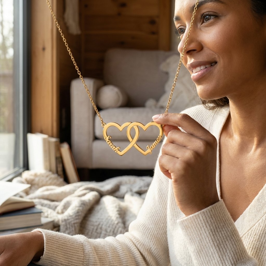 Personalized Double Heart Name Necklace - Custom Gold Jewelry