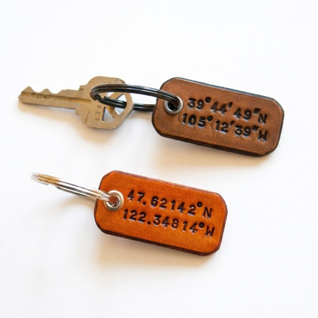 Personalized Leather Coordinate Keychain - Custom GPS Gift
