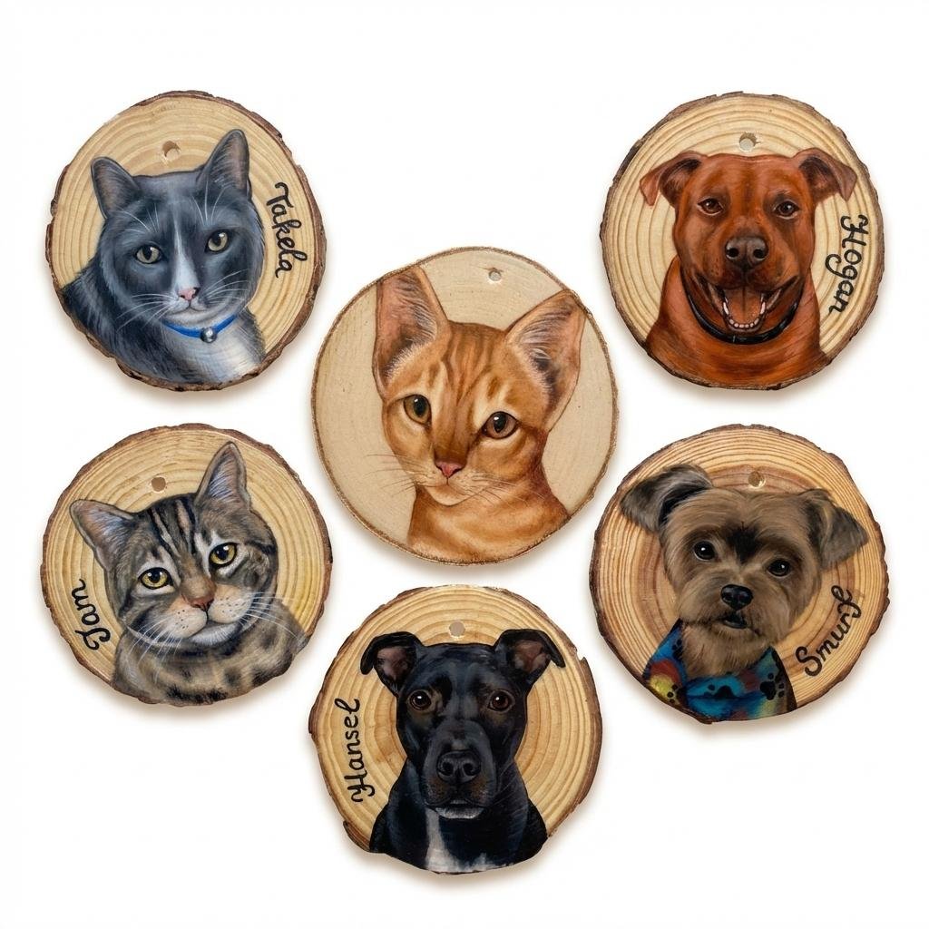 Hand-Painted Custom Pet Portrait Wood Slice Ornament