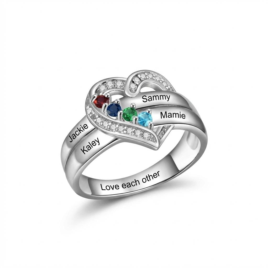 Personalized Mother's Birthstone Ring - Sterling Silver Heart