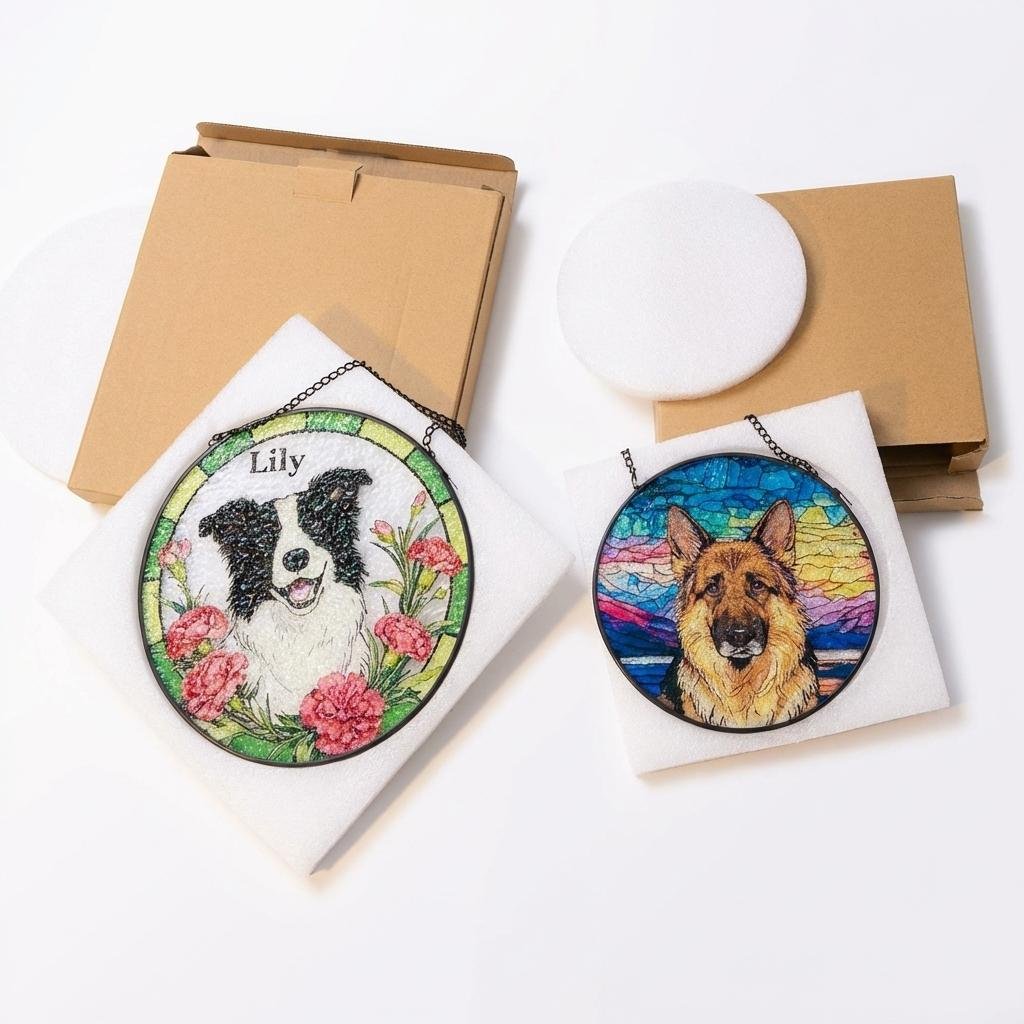 Custom Pet Portrait Stained Glass Suncatcher Birth Flower