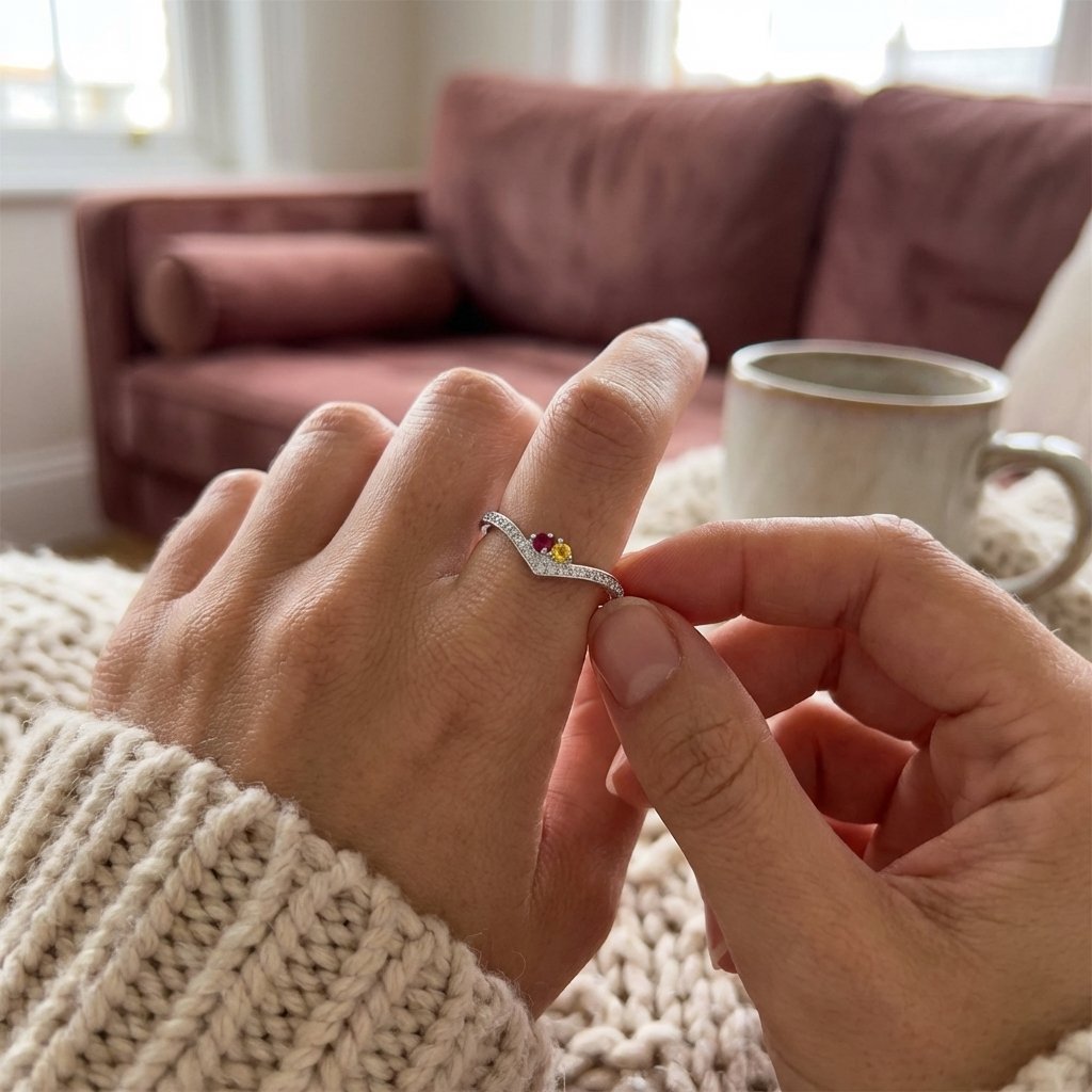 Personalized Birthstone Chevron Ring - Sterling Silver