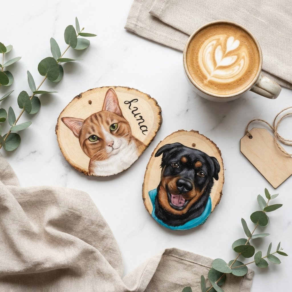 Hand-Painted Custom Pet Portrait Wood Slice Ornament