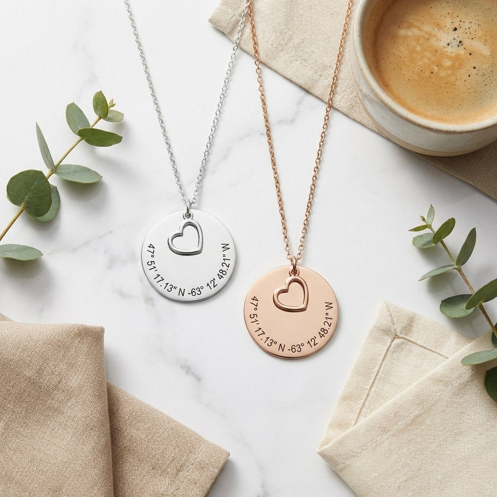 Custom GPS Coordinate Necklace with Heart Charm