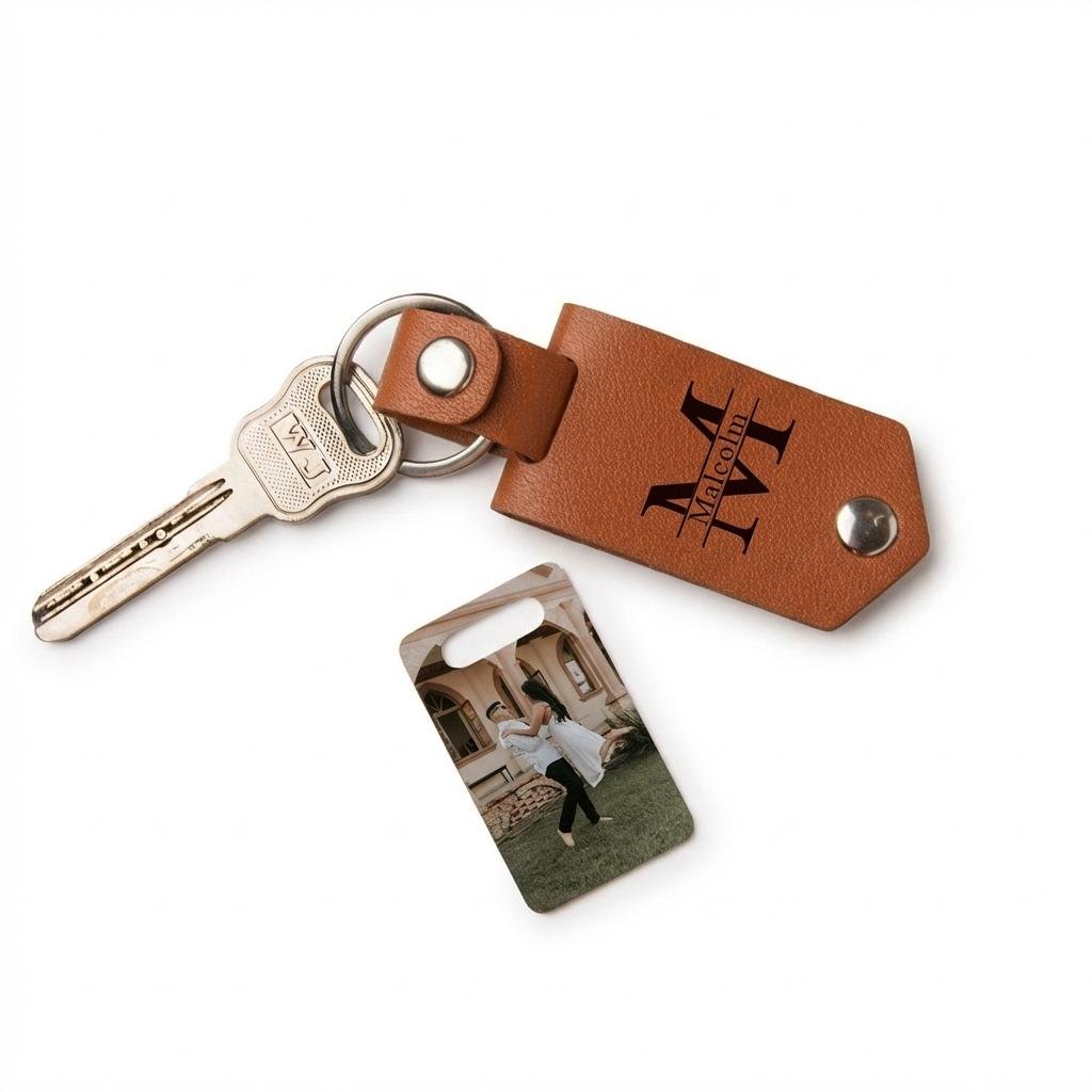 Personalized Leather Photo Keychain Anniversary Gift for Him
