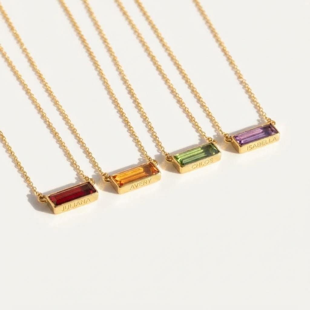 Custom Birthstone Baguette Necklace with Secret Engraving