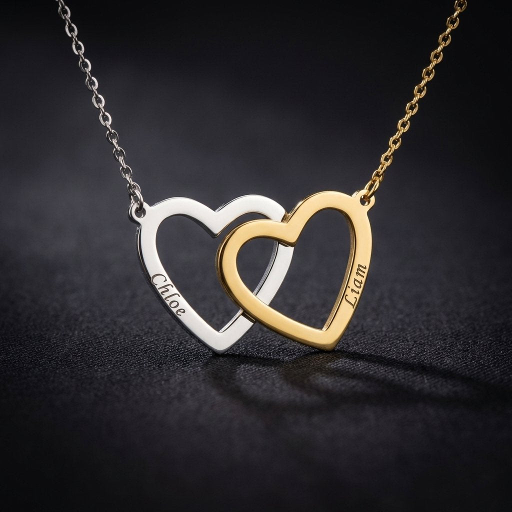 Personalized Double Heart Name Necklace - Custom Gold Jewelry