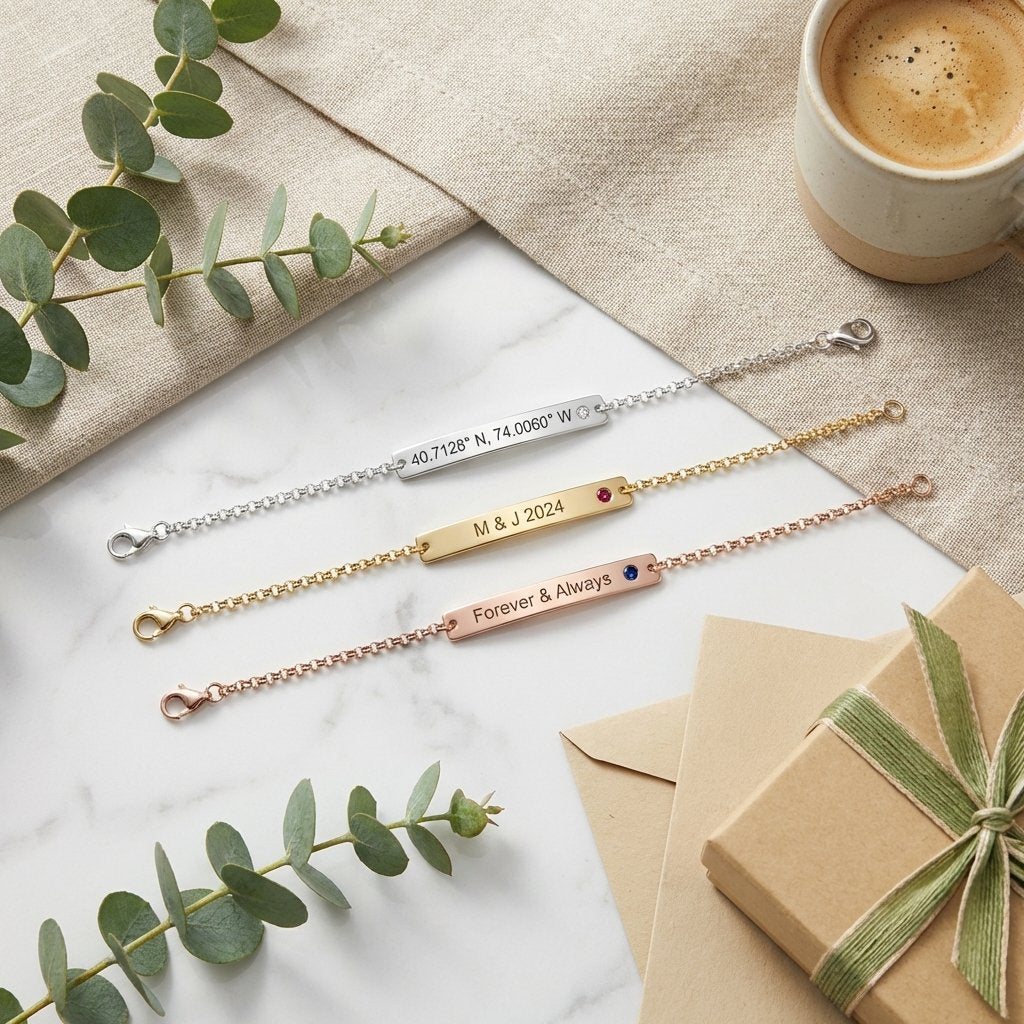 Personalized Coordinate Bracelet | Engraved Silver Bar