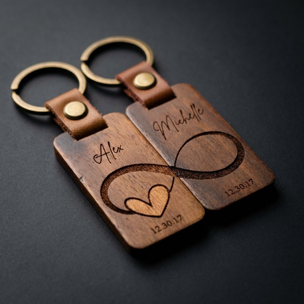 Personalized Wood & Leather Couple Keychain Set