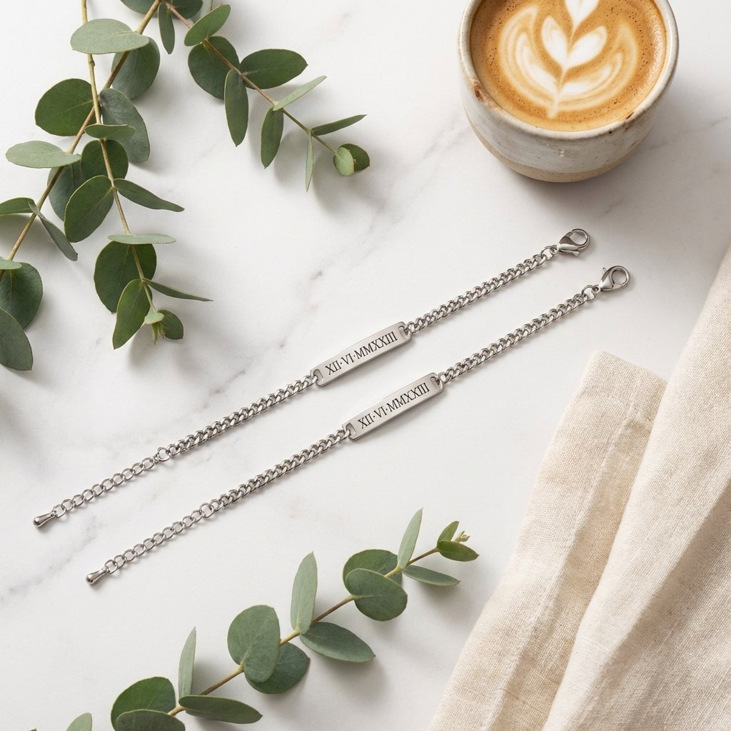Personalized Roman Numeral Couples Bracelet Set
