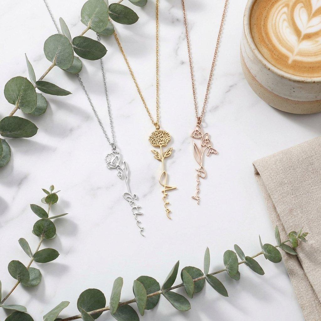 Custom Birth Flower Name Necklace - Personalized Gold Jewelry