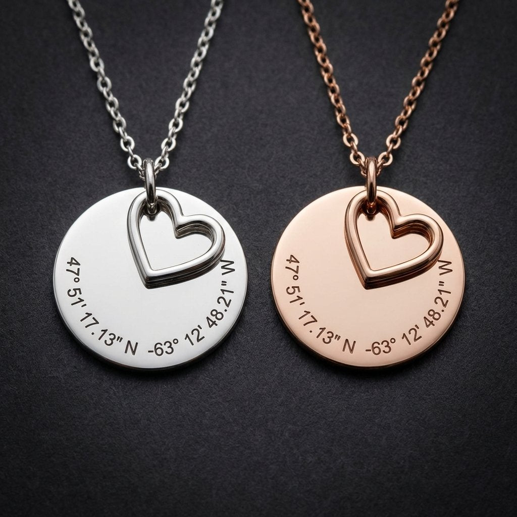 Custom GPS Coordinate Necklace with Heart Charm