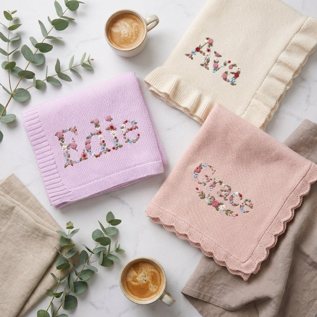 Personalized Floral Embroidered Baby Blanket | 100% Cotton