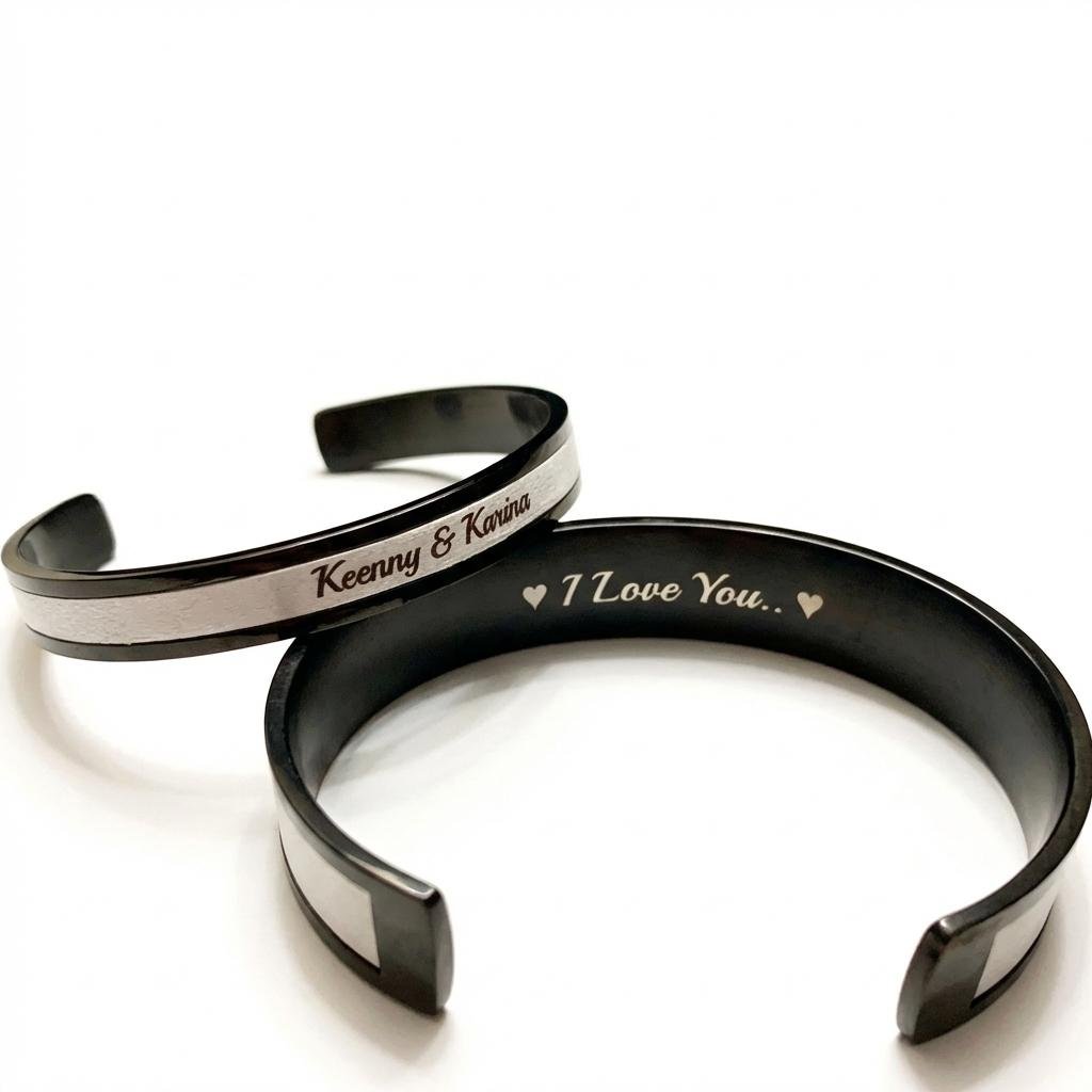 Personalized Matching Steel & Leather Anniversary Bracelets