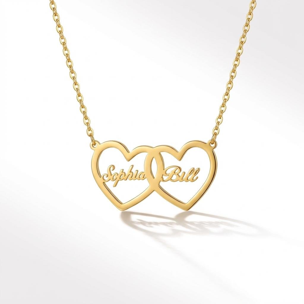 Personalized Double Heart Name Necklace - Custom Gold Jewelry