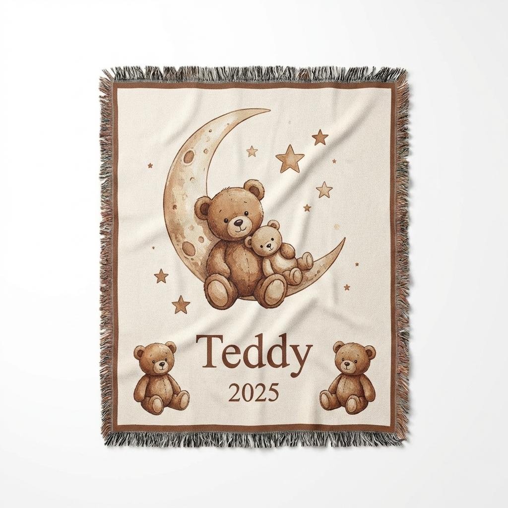 Personalized Teddy Bear Woven Baby Blanket | 100% Cotton